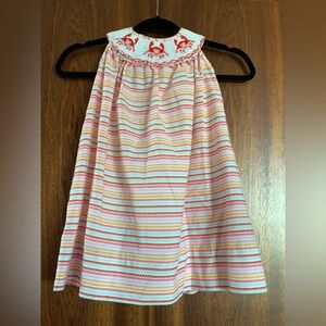 Toddler Girls Smocked Dress Stripes Hand Stitched Crabs Summer Dress 3T